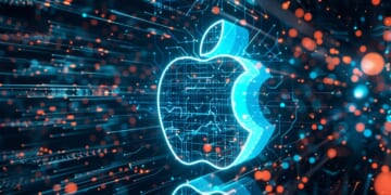 An Apple logo surrounded by wires and symbols to represent AI. The tone should be grand and impressive