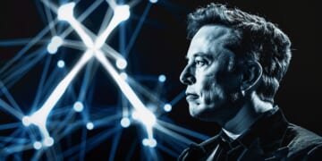 black and white, side profile of Elon Musk on a black background with a large white 'X' behind. blue wires and connectivity symbols representing AI are in the background