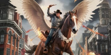 Cowboy flinging dynamite at people on a flying horse