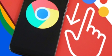 Google may have fixed its Pixel scrolling issue. A smartphone displaying the Chrome logo with a graphic of a hand pointing to a downward arrow, symbolizing a scrolling action, on a vibrant Google-colored background.