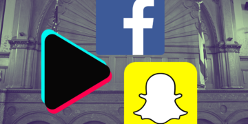 Canada schools sue social media giants for $4.5bn. A courtroom with the Facebook logo at the center, flanked by the TikTok and Snapchat logos.