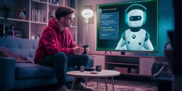 an xbox player sitting on sofa playing his console. Onscreen is an AI chatbot, 3d render