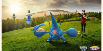 A guide to April's Pokémon GO raids. An image of a Pokémon GO scene with a player in a red and white outfit preparing to throw a Poké Ball. A large, blue Heracross Pokémon stands ready in a vibrant, sunny field with PokéStops and a Gym in the background. The Pokémon GO and World of Wonders logos are displayed at the bottom.