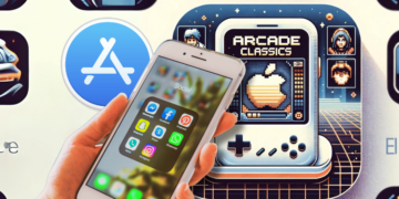 Apple opens App Store to game emulators amid EU pressure. An illustration of a hand holding an iPhone, with the screen showing the App Store icon. On the backdrop, there is a highlighted app icon for 'Retro Arcade Classics', a game emulator, surrounded by other app icons.