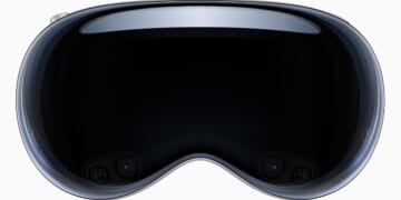 A product image of the Apple Vision Pro, which resembles a large pair of black goggles.