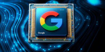 Google launches advanced Arm-based 'Axion' chip. Digital illustration of a Google Arm-based Axion processor chip, designed in blue, red, yellow, and green, on a white background.