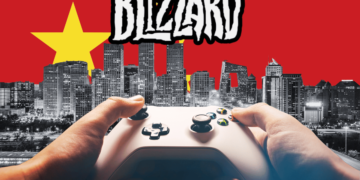 Blizzard and NetEase renew partnership bringing games back to China. Image featuring a red backdrop with a yellow star, symbolizing China's flag, superimposed over a grayscale cityscape. In the foreground, hands hold a gaming controller, and above, the Blizzard logo is prominently displayed.