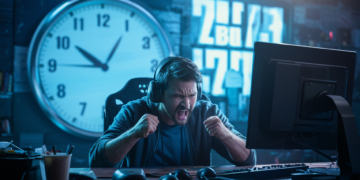 A dramatic cinematic shot of a frustrated gamer, sitting in a dimly lit room with a cluttered desk, staring at a blank screen. His furrowed brow and clenched fists reflect his impatience and anger. In the background, a massive digital clock ticks away, counting down to the yet-to-be-announced release date