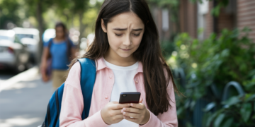 An adolescent girl, walking home from school, looking down with a sad face at her smartphone. This image is AI generated.