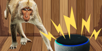 Girl in India thwarts monkey attack using Amazon Alexa. A monkey recoiling in surprise as yellow lightning bolts emanate from an Amazon Alexa device on a wooden floor.