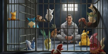 Ai-Generated image of a man sat in a jail cell surrounded by Pokemon
