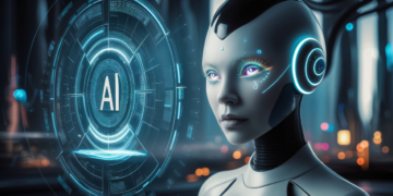 A captivating cinematic scene featuring an AI assistant, with a sleek, futuristic design. The AI has a human-like form with glowing, multicolored eyes and a holographic interface displaying a plethora of information. The background is a futuristic cityscape, with towering skyscrapers and neon lights.
