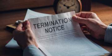 stock image of a pair of hands looking over a termination notice on a workplace desktop, with a desk clock marking the time