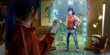 A young woman with blue hair looks at a digital avatar version of herself in the Pokemon Go world