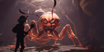 A character in Grounded faces off against an Ant Queen